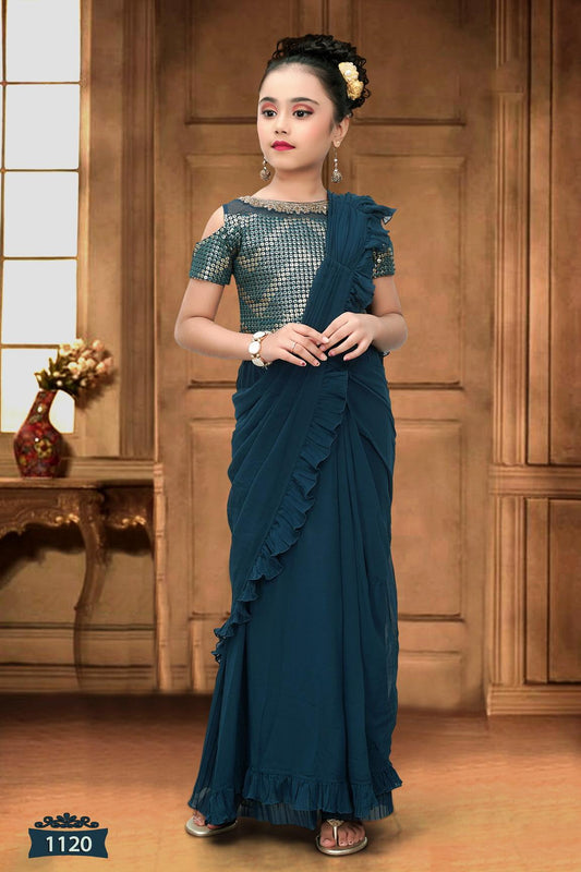 Shop Blue Georgette Pre Stiched Saree Set With Faux Half Jacket Online in  USA – Pure Elegance